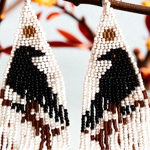 Handcrafted Raven Beaded Earrings Fringe Boho Witchy - Picture 12 of 16